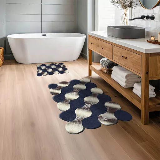 Set di Tappeti da Bagno con Motivo a Ciottoli, Blu-Oro