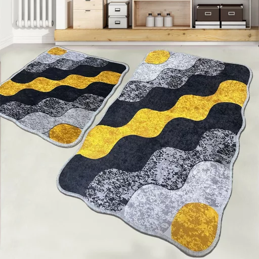 Set di Tappeti da Bagno con Motivo Ciottoloso, Grigio-Giallo