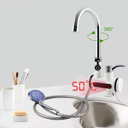 Rubinetto scaldacqua con display LED - Montaggio a parete, connessione orizzontale con doccetta