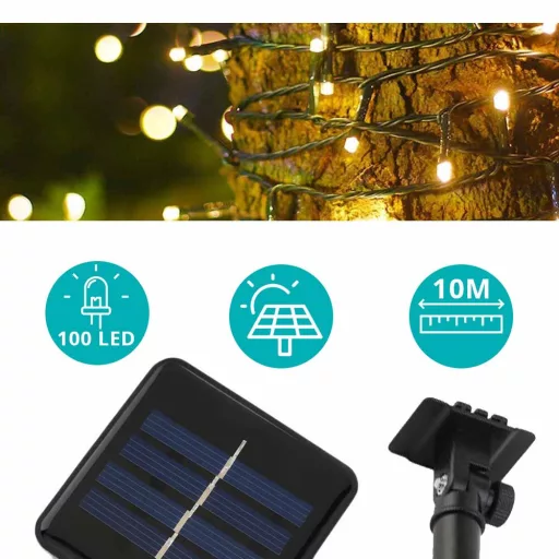100 LED Luci a Stringa Solari per Giardino - 10m Bianco Caldo, Impermeabili, Accensione/Spegnimento Automatico