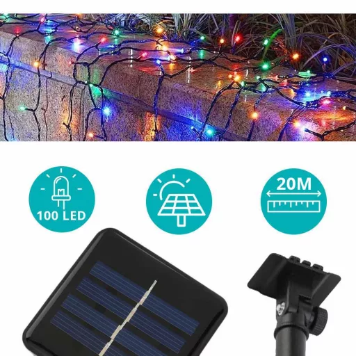 100 LED Luci a Stringa Solari da Giardino - 20 M - Colorate, Resistenti alle Intemperie, Automatiche
