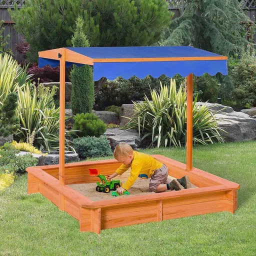 Sandbox in legno con tettuccio regolabile e seduta confortevole