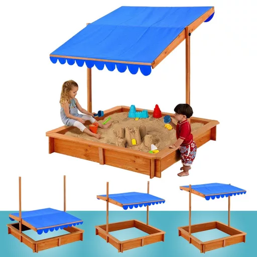 Sandbox in legno con tettuccio regolabile e seduta confortevole