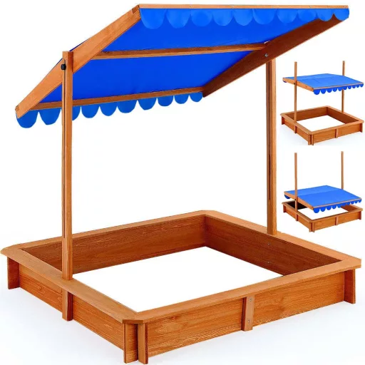 Sandbox in legno con tettuccio regolabile e seduta confortevole
