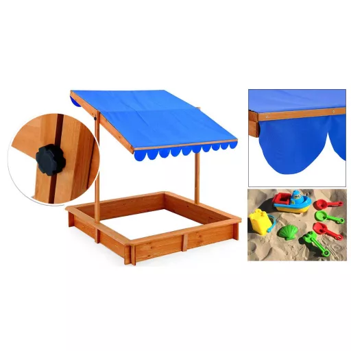 Sandbox in legno con tettuccio regolabile e seduta confortevole