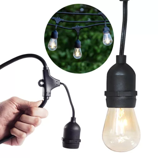 Luci decorative a stringa impermeabili con 15 lampadine LED E27, 14,6 m, bianco caldo