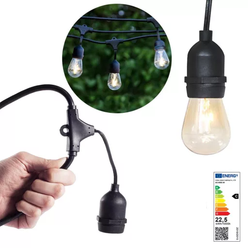 Luci decorative a stringa impermeabili con 15 lampadine LED E27, 14,6 m, bianco caldo