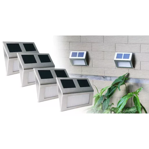 Set di 4 luci da parete solari LED per esterni - Acciaio inossidabile, automatico crepuscolare all'alba, resistente alle intemperie