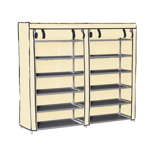 Mobile Shoe Storage Cabinet with 12 Shelves and Zipper Cover - Beige