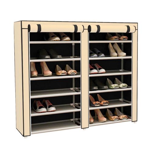 Mobile Shoe Storage Cabinet with 12 Shelves and Zipper Cover - Beige