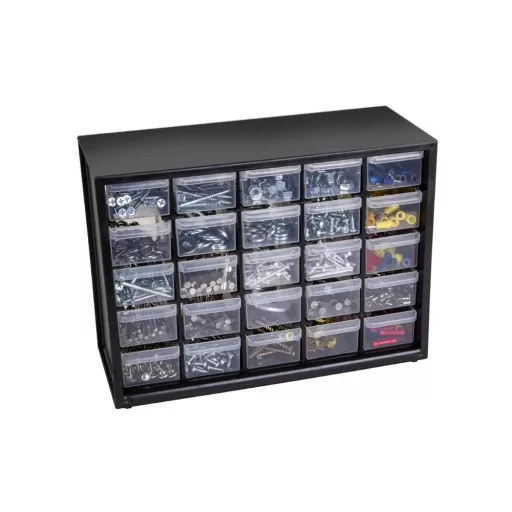 Cassetto di stoccaggio a 25 scomparti per piccoli pezzi, montabile a parete e autoportante