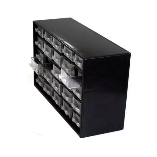 Cassetto di stoccaggio a 25 scomparti per piccoli pezzi, montabile a parete e autoportante
