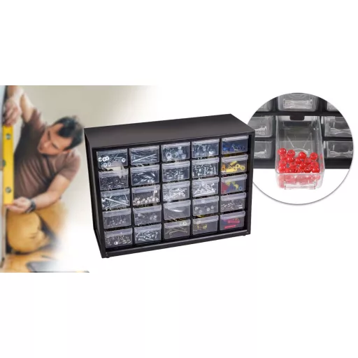 Cassetto di stoccaggio a 25 scomparti per piccoli pezzi, montabile a parete e autoportante