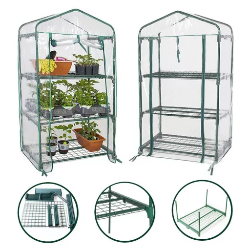 Mini Serra con Struttura in Metallo - 3 Ripiani, Copertura in PVC Resistente alle Intemperie
