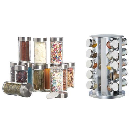 Porta spezie rotante da 20 pezzi con barattoli in vetro in acciaio inossidabile