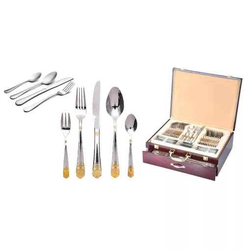 Set di posate in acciaio inossidabile da 84 pezzi per 12 persone con scatola regalo - opzioni argento e argento-oro