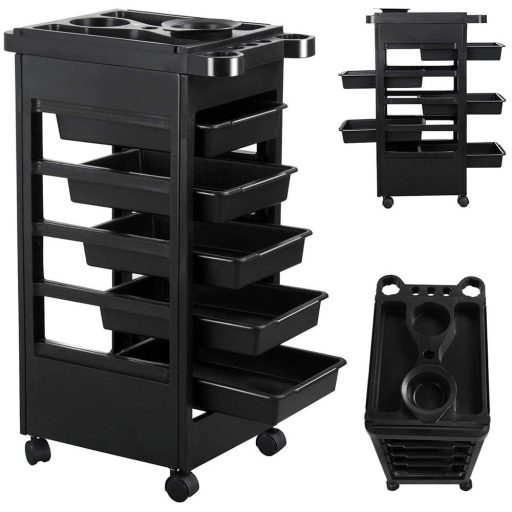 Carrello per parrucchieri a 5 cassetti con supporto per phon e ciotola per mescolare