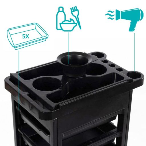 Carrello per parrucchieri a 5 cassetti con supporto per phon e ciotola per mescolare