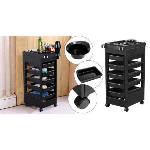 Carrello per parrucchieri a 5 cassetti con supporto per phon e ciotola per mescolare