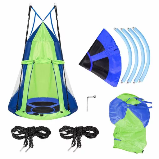 Altalena a nido 110 cm con tenda - Altezza regolabile, uso interno/esterno, capacità 100 kg