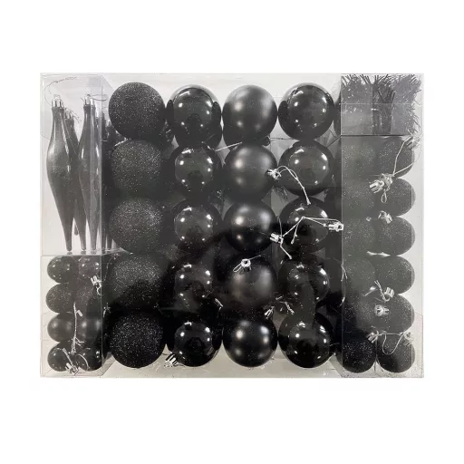 Set di decorazioni natalizie nere da 112 pezzi con palline opache, lucide e brillanti