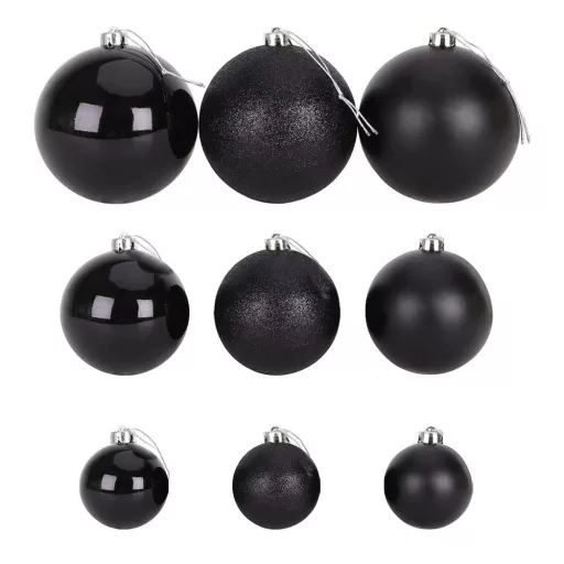 Set di decorazioni natalizie nere da 112 pezzi con palline opache, lucide e brillanti