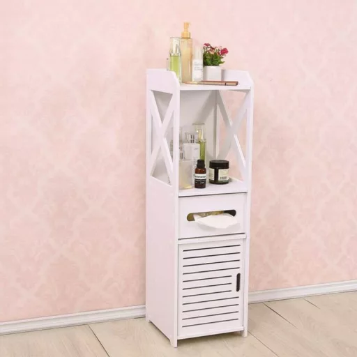 Armadio da bagno stretto con 3 ripiani e porta carta igienica - Design bianco salvaspazio