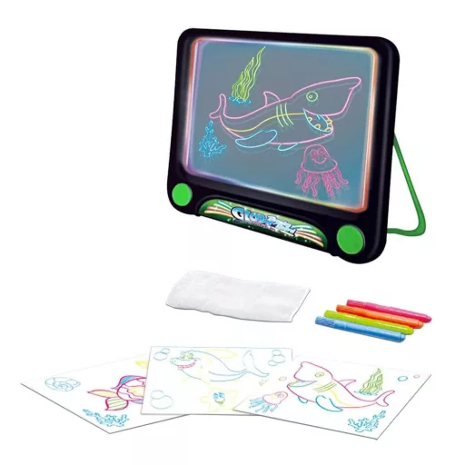 Tavola da disegno illuminata con pennarelli neon e occhiali 3D - Temi oceano, dinosauro e unicorno