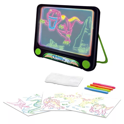 Tavola da disegno illuminata con pennarelli neon e occhiali 3D - Temi unicorno, dinosauro e spazio
