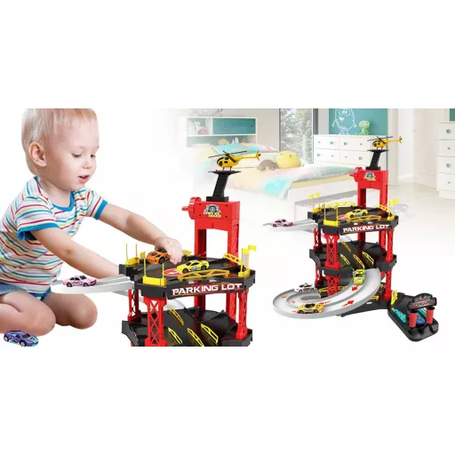 Set di garage per bambini da 55 pezzi con ascensore e piazzola per elicotteri