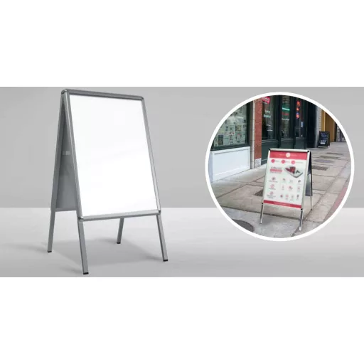 Insegna A-Frame in alluminio resistente alle intemperie con supporto per poster e superficie scrivibile