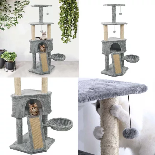 Torre per gatti a tre livelli con pali per graffiare e letto accogliente - Grigio