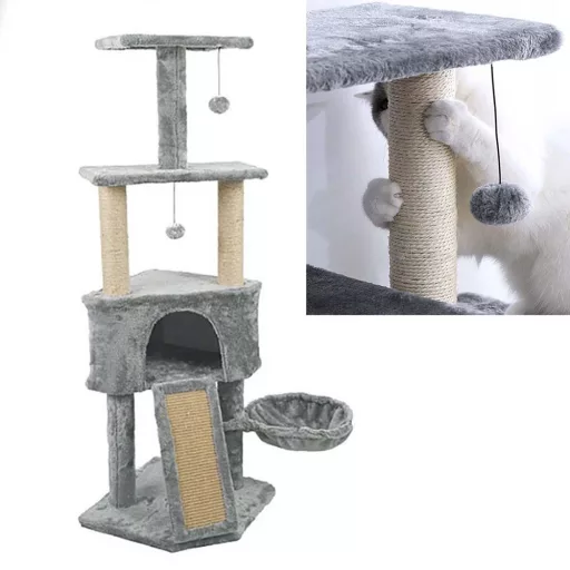 Torre per gatti a tre livelli con pali per graffiare e letto accogliente - Grigio