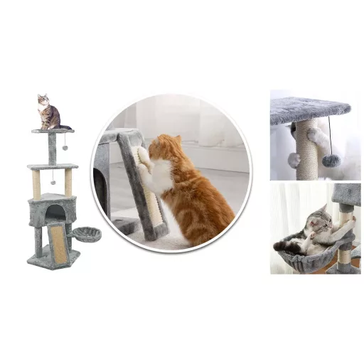 Torre per gatti a tre livelli con pali per graffiare e letto accogliente - Grigio