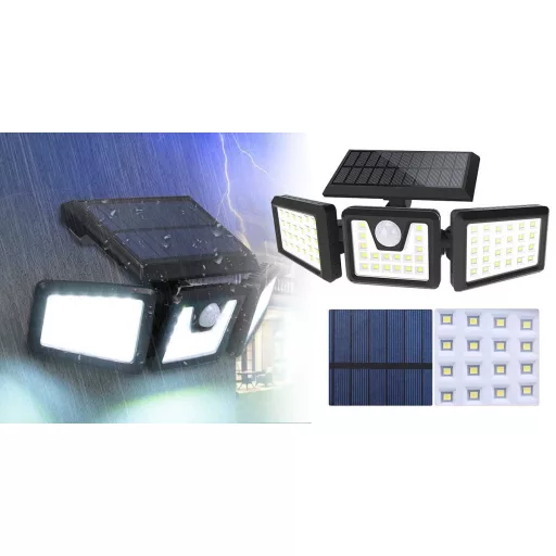 Lampada solare LED a 3 pannelli con sensore di movimento, 1500 lumen, impermeabile IP65
