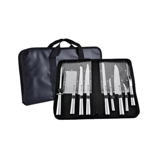Set di coltelli in acciaio inossidabile da 9 pezzi con borsa, include affilatore e forchetta