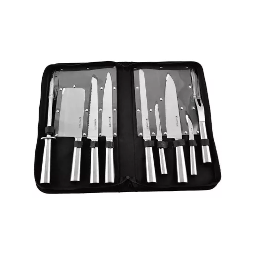 Set di coltelli in acciaio inossidabile da 9 pezzi con borsa, include affilatore e forchetta