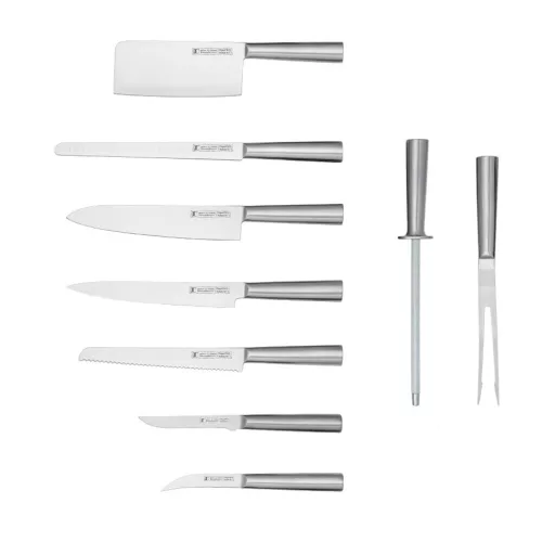 Set di coltelli in acciaio inossidabile da 9 pezzi con borsa, include affilatore e forchetta