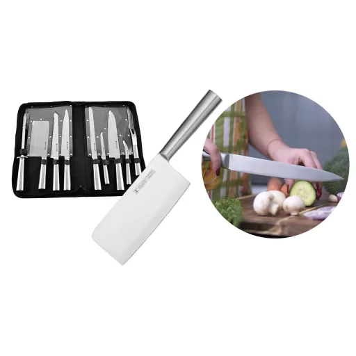 Set di coltelli in acciaio inossidabile da 9 pezzi con borsa, include affilatore e forchetta