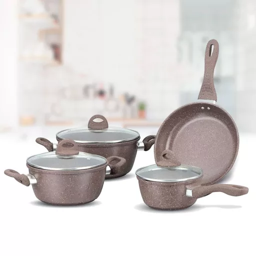 Set di pentole in acciaio pressato da 7 pezzi con rivestimento resistente al calore e manici ignifughi