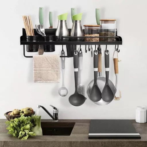 Mensola da cucina a muro con ganci e accessori - Alluminio, 80x14x8.5 cm