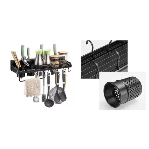 Mensola da cucina a muro con ganci e accessori - Alluminio, 80x14x8.5 cm