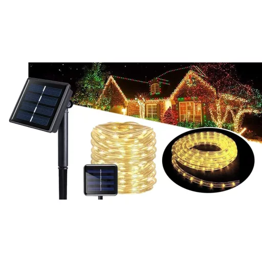 Luci a stringa solari LED 10m - 100 lampadine bianche calde, 8 modalità di illuminazione, resistenti alle intemperie