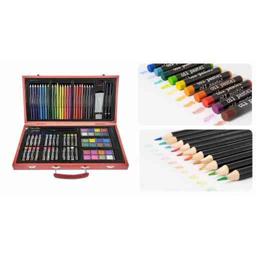 Set di arte portatile da 84 pezzi con matite colorate, acquerelli e pastelli a olio in scatola di legno