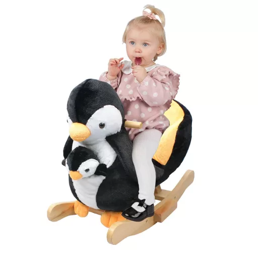 Sedia a dondolo in peluche a forma di pinguino con musica per bambini - Design ergonomico, struttura in legno, capacità di 30 kg