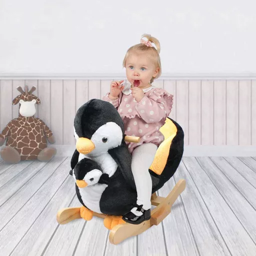 Sedia a dondolo in peluche a forma di pinguino con musica per bambini - Design ergonomico, struttura in legno, capacità di 30 kg