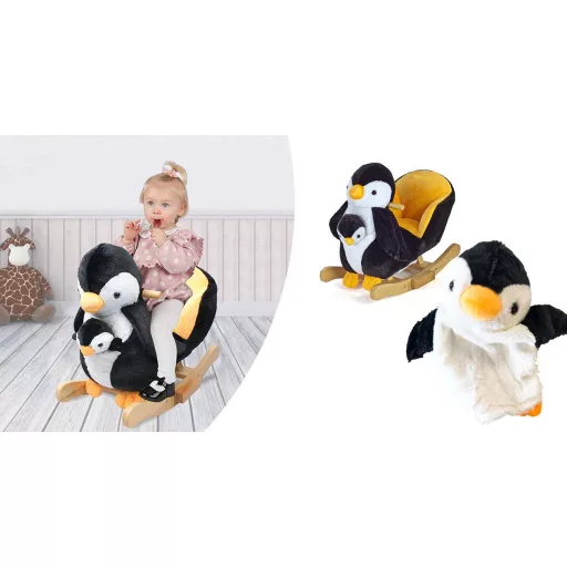 Sedia a dondolo in peluche a forma di pinguino con musica per bambini - Design ergonomico, struttura in legno, capacità di 30 kg