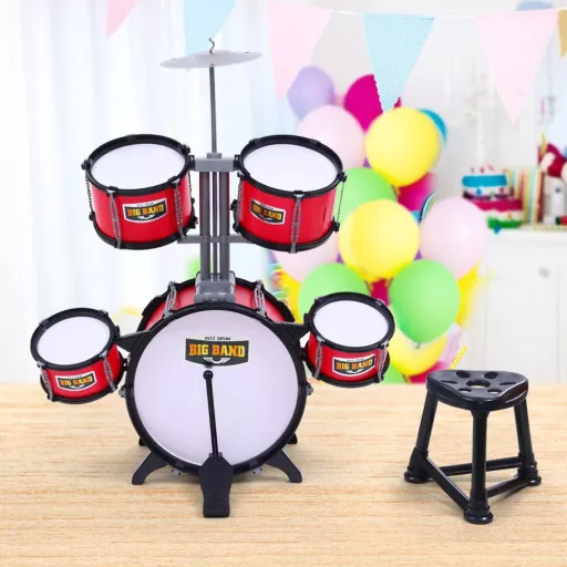 Set di tamburi per bambini bordeaux con sedia - Suono e design realistici