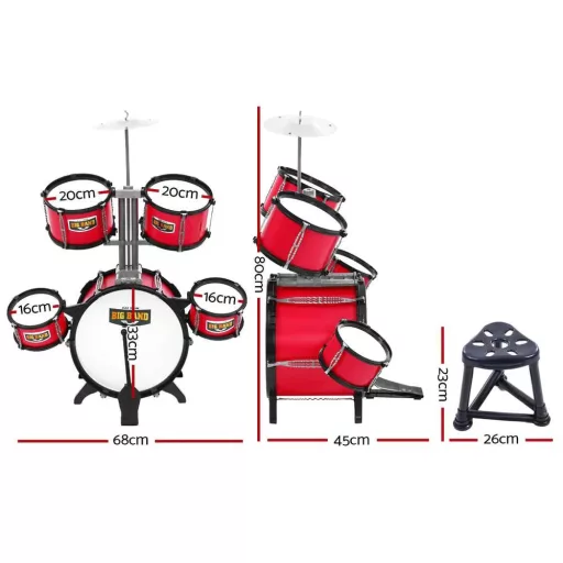 Set di tamburi per bambini bordeaux con sedia - Suono e design realistici