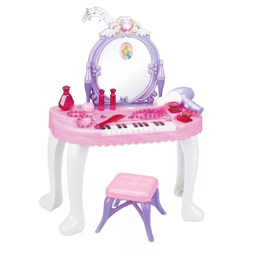 Tavolo da trucco e pianoforte 2-in-1 per principesse con specchio interattivo e 13 accessori